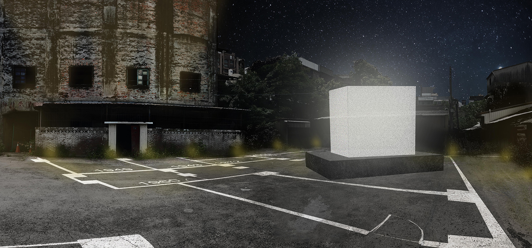 Rendering of the cube-shaped projection object on stage.